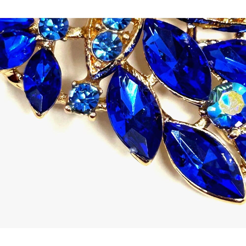 Blue Rhinestone Floral Spray Brooch Pin Gold Tone Heart Statement Vintage Style - Picture 5 of 5